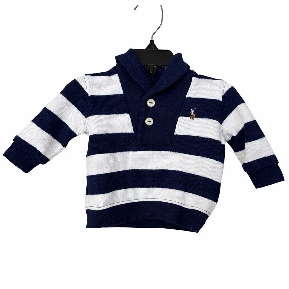 Ralph Lauren Baby Boy 3M Sweater Navy Blue White Striped Knit Preppy Nautical